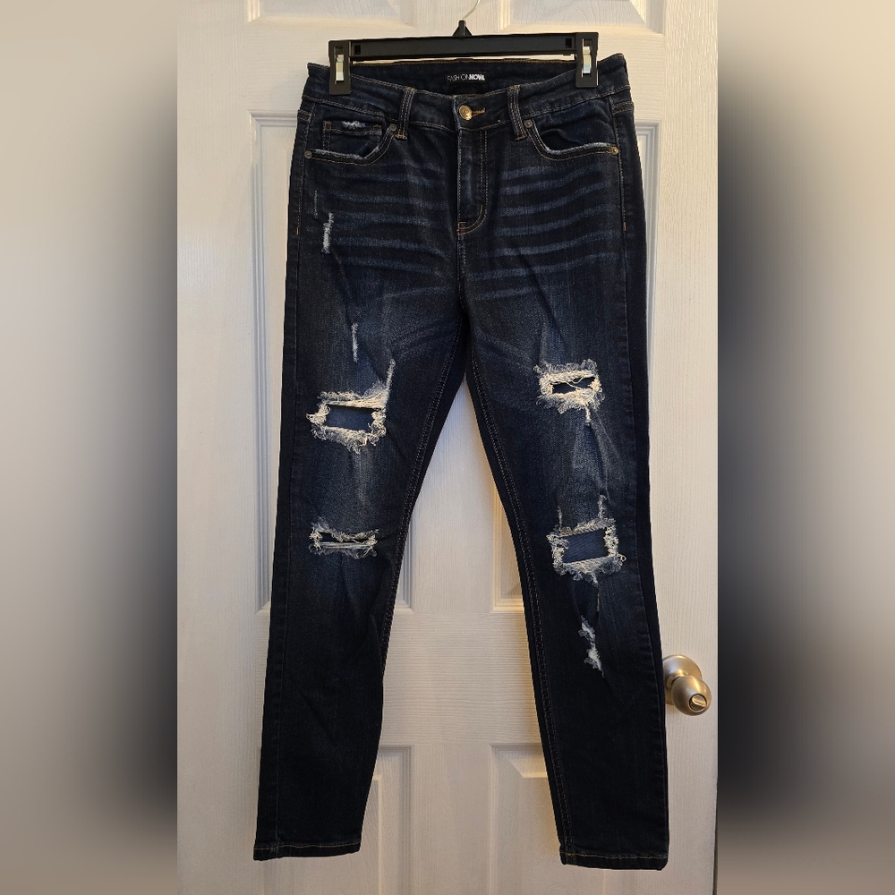 Fashion Nova Dark Blue Distressed Skinny Jeans